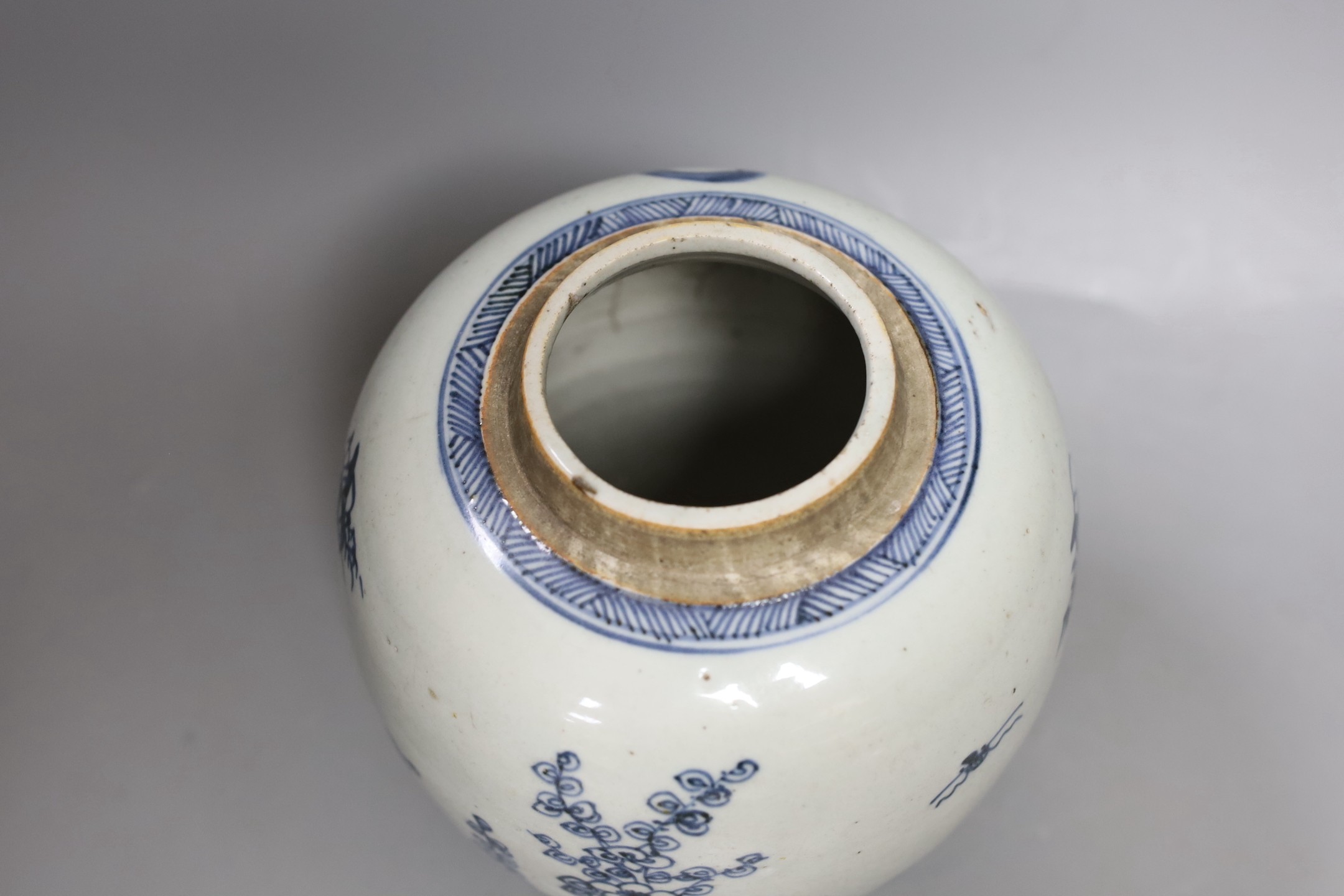 An 18th century Chinese blue and white ‘Three Friends’ jar, 19cm